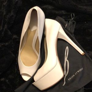 Brian Atwood patent leather peep toe heels, 5.5”.